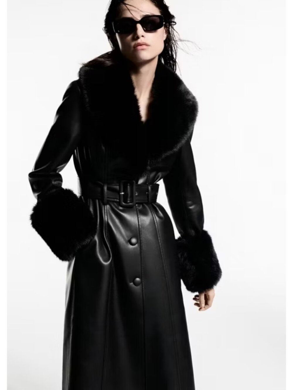 Mango Black Faux Leather Trench Coat with Fur Trim - Picture 9 of 9